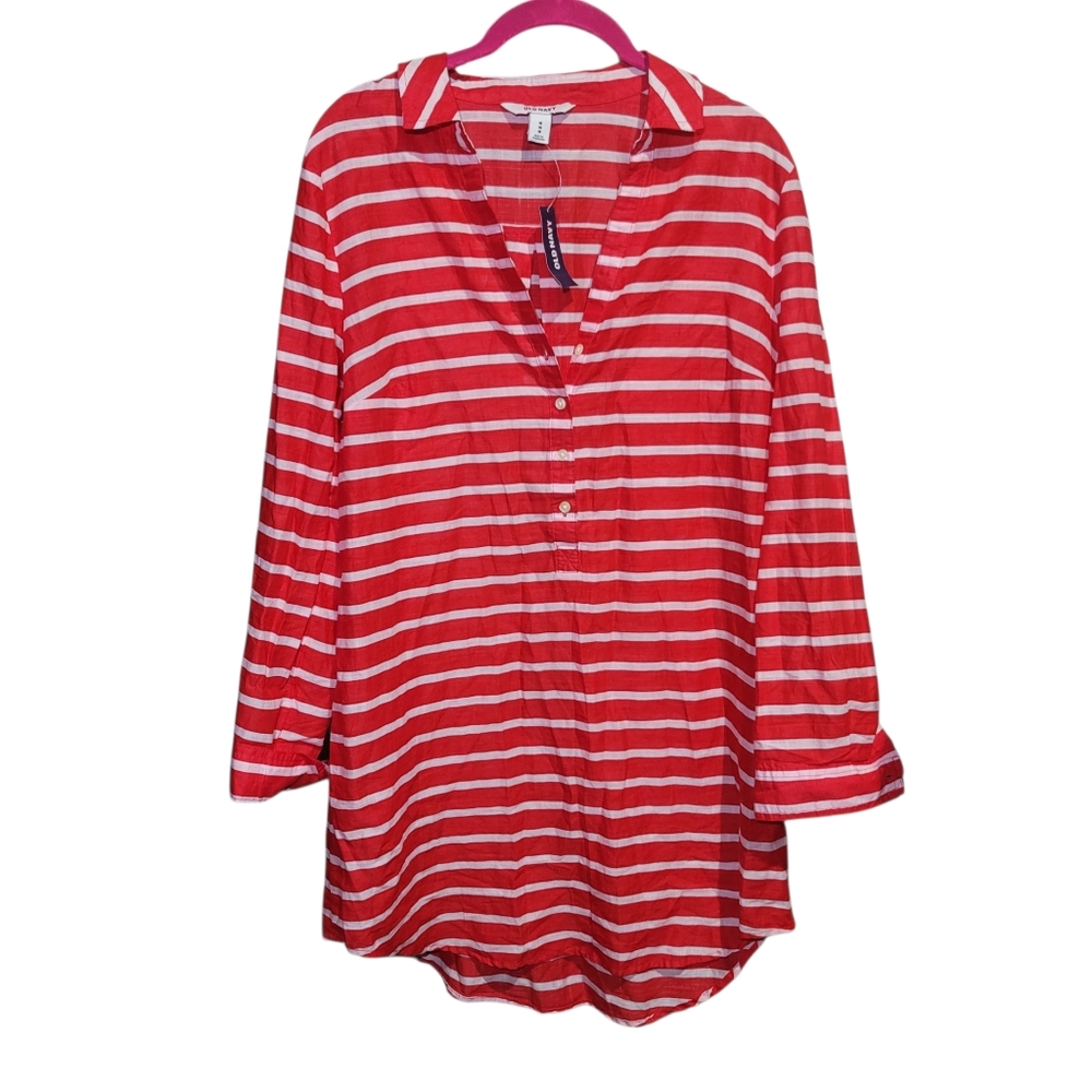 Old Navy Red and White Striped Button Down Shirt Dress